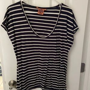 Tory Burch short sleeve navy/white stripe shirt. Size L.